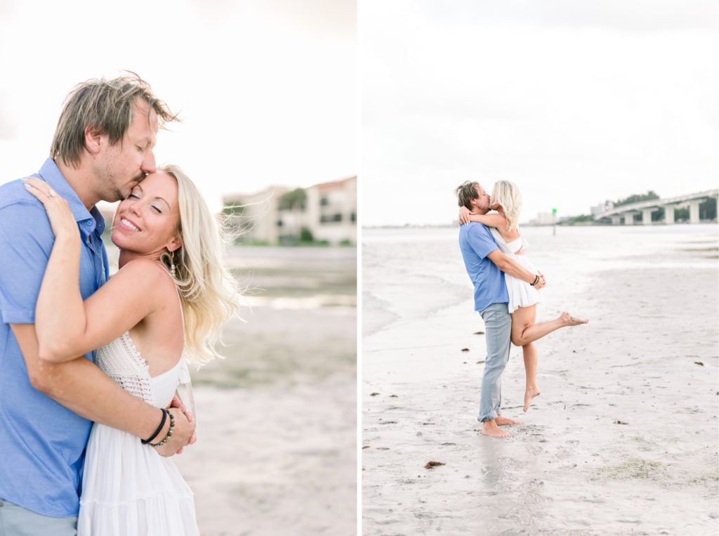 Sharing a kiss on the beach after their 4th of July surprise proposal resulted in the beginning of their engagement! #surpriseproposal #4thofjuly #independencedayengagement #familyandfriends #floridabeach #beachproposal #proposaldetails #proposal #marryme #shesaidyes #redwhiteandblueproposal