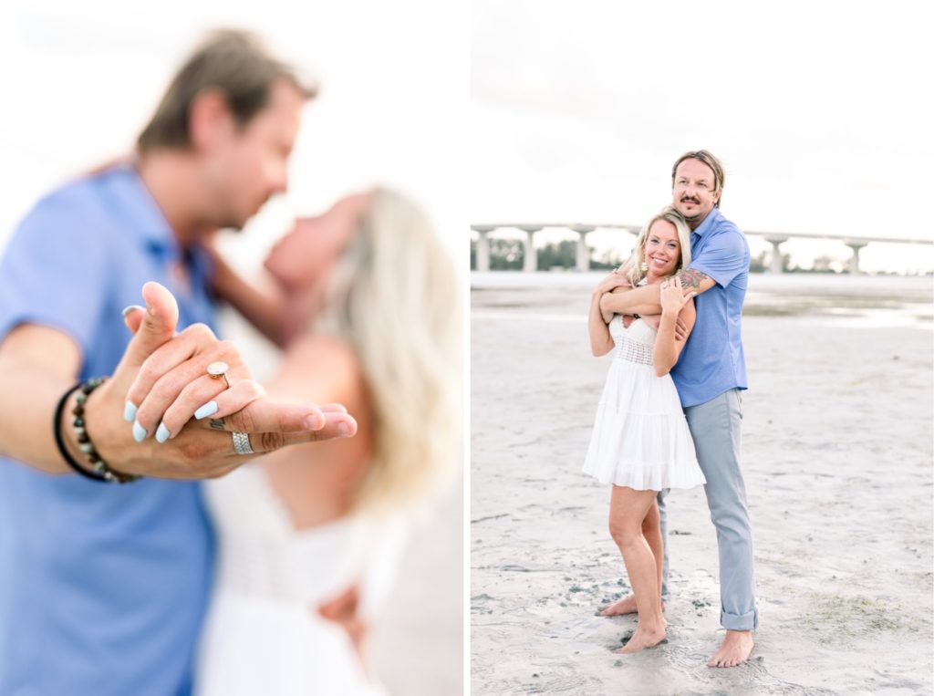 Clearwater beach in Florida provides for some outstanding beach photos with the benefit of the bridge background and texture beyond the sand. #surpriseproposal #4thofjuly #independencedayengagement #familyandfriends #floridabeach #beachproposal #proposaldetails #proposal #marryme #shesaidyes #redwhiteandblueproposal