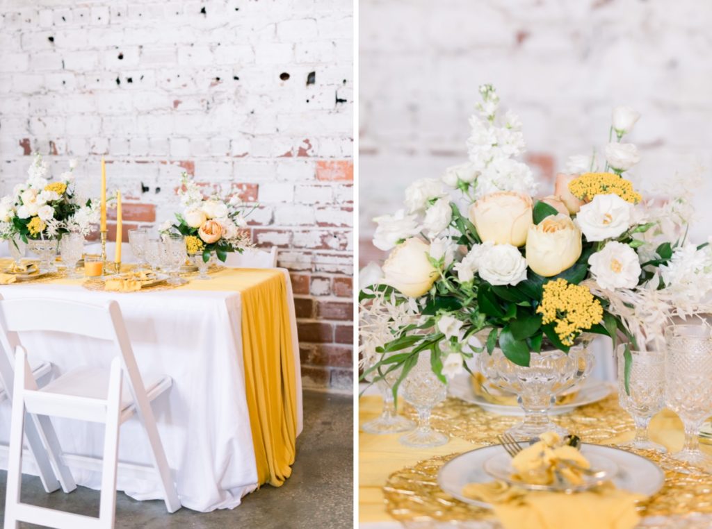 Reception for yellow theme on the wedding day inside rialto theatre Tampa.