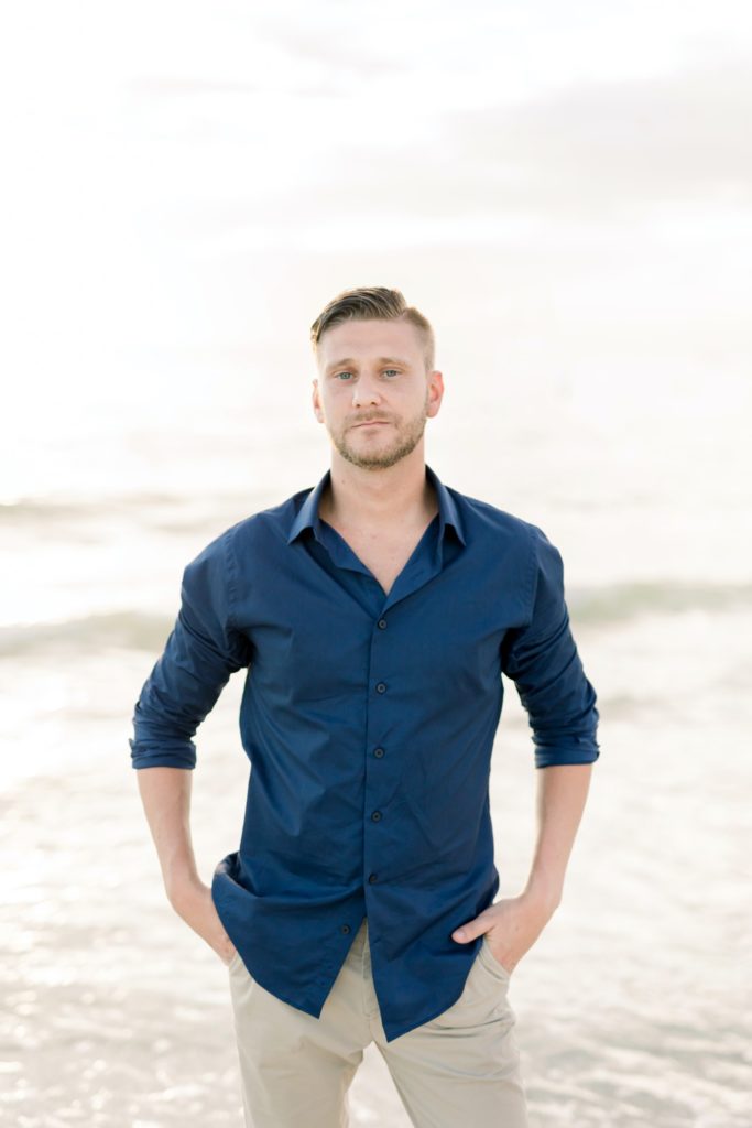 Groom portrait session on the sunset beach engagement session