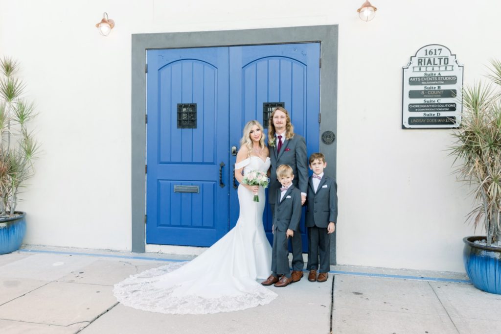 Bride family photo outside of Rialto Theatre Wedding Venue Downtown Tampa