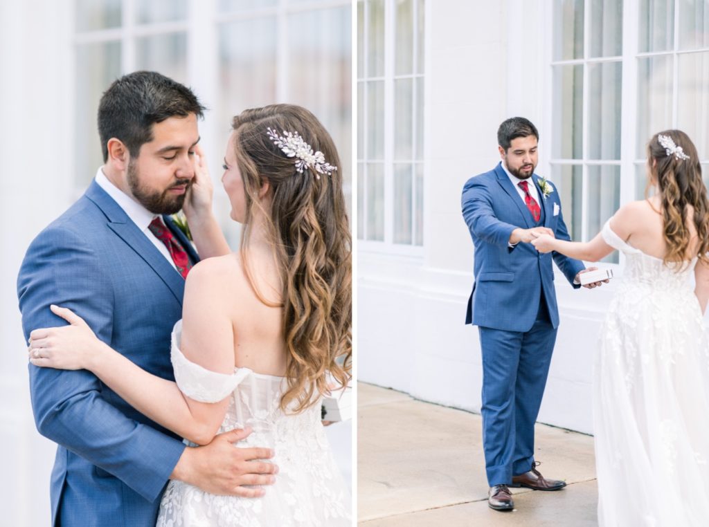 Bride and groom first look before the ceremony at the Bishop Museum 