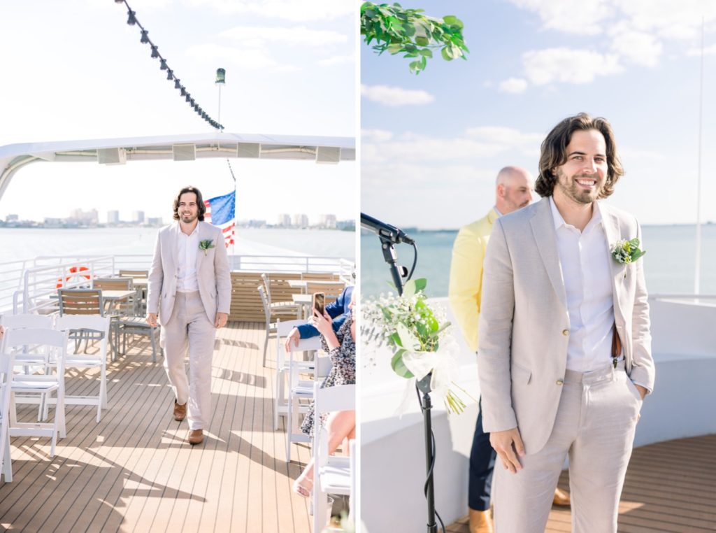 Groom is watching the bride walked into the aisle on A Yacht StarShip IV Sunset Cruise
