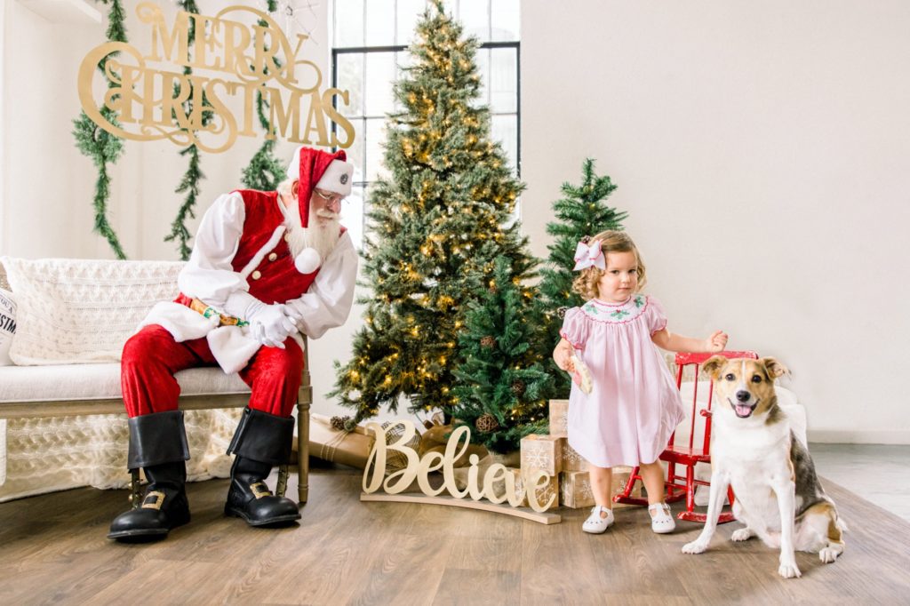 A girl and a dog are in the Santa Mini Sessions for Holiday photos
