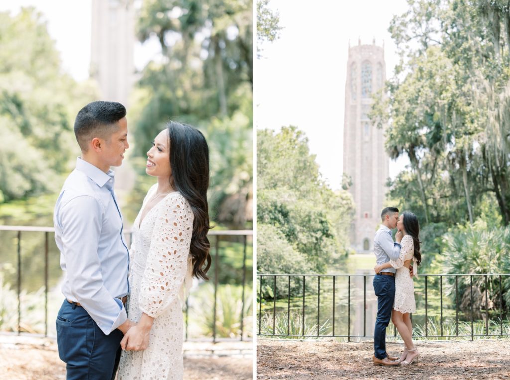 Happy couple at Bok Tower Garden Engagement